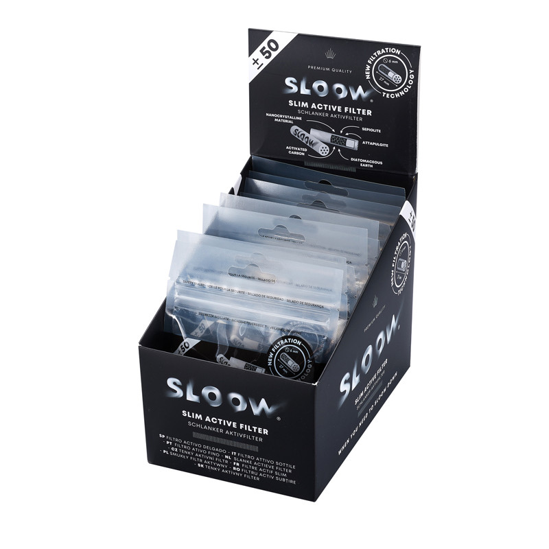 Sloow 50 filtri 6 mm al carbone attivo in busta, 10 sacchetti/espositore Filtro bianco + logo nero Diamet Sloow 50 filtri 6 mm al carbone attivo in busta, 10 sacchetti/espositore Filtro bianco + logo nero Diamet
