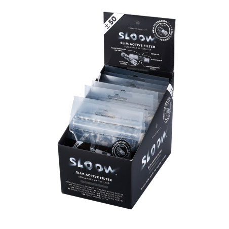 Sloow 50 filtri 6 mm al carbone attivo in busta, 10 sacchetti/espositore Filtro bianco + logo nero Diamet